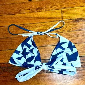 Mara Hoffman/Swimwear, color is White/Navy, size small, bikini top, printed wrap
